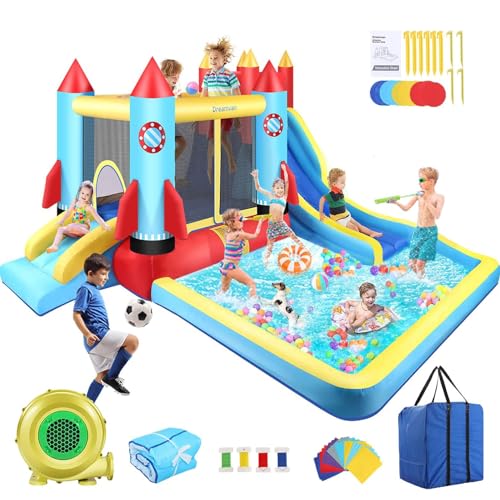 Bounce House with Blower Giant Inflatable Slide Bouncy Castle for Kids 3-12 with Large Pool,Ball Pit,Climbing Wall,Bouncing Area,2X water Slide Rocket Jumping Castle,Pool Splash- Indoor/Outdoor